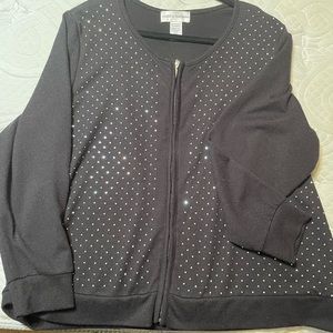Cathy Daniels Women’s XXL black sweater full zip with silver beads‎ and bling